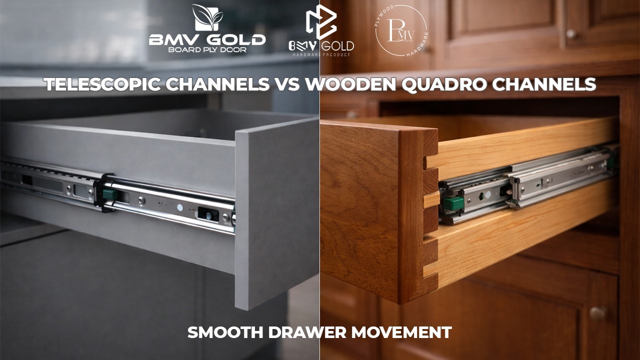 Comparison of telescopic drawer channels and wooden quadro channels showing smooth drawer movement in modern cabinetry – BMV Gold hardware